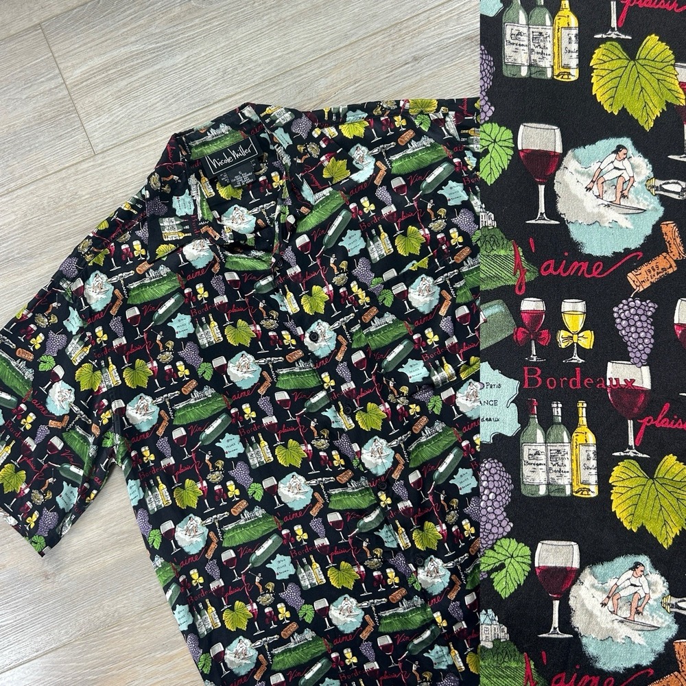 VTG Nicole Miller Mens Silk Shirt S Limited Edition‎ Black AOP Wine Button Up